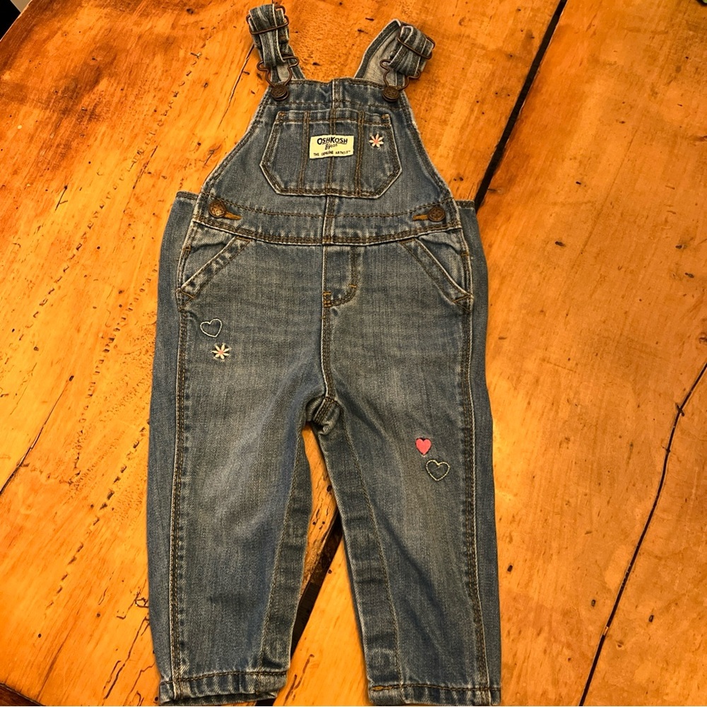Baby Girl 9 Month Oshkosh Bgosh Embroidered Heart Flower Denim Bibs Overalls 9M